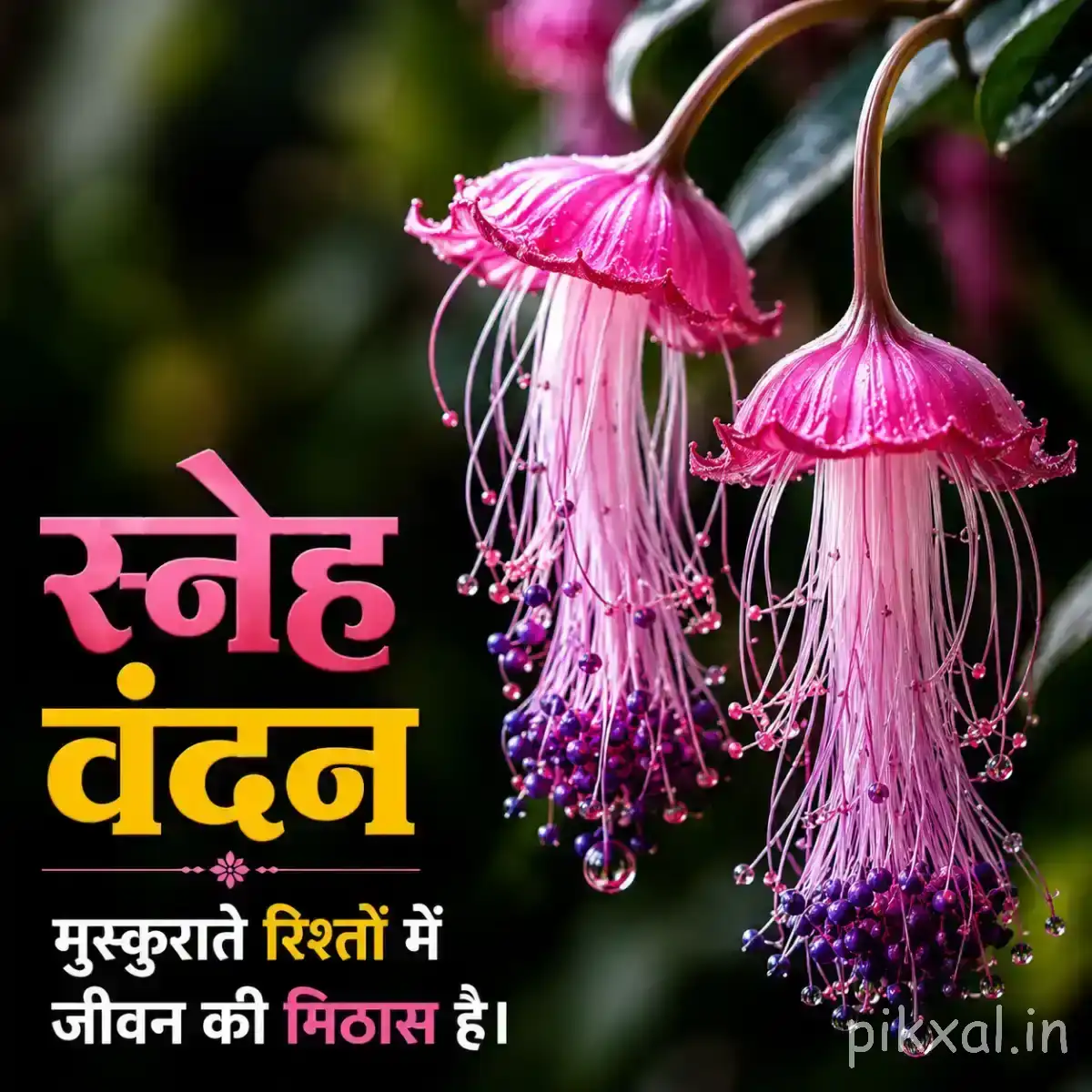 Pink and purple hanging flowers with long delicate filaments and green leaves beside water with a Hindi morning greeting