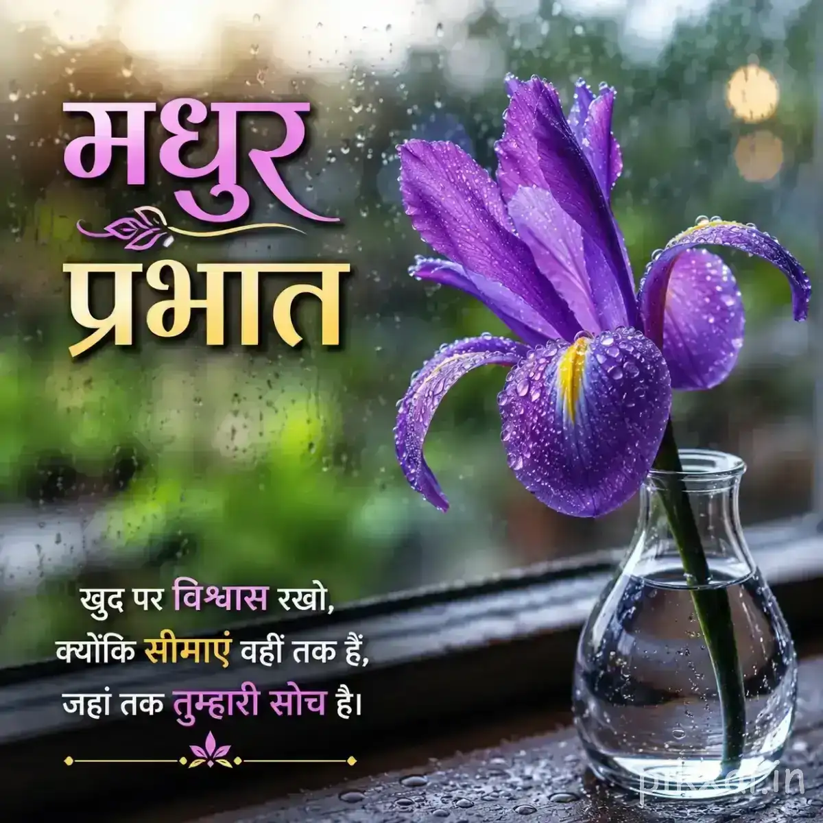 Two purple flowers with broad petals beside a clear glass of water against softly blurred greenery with a Hindi morning message
