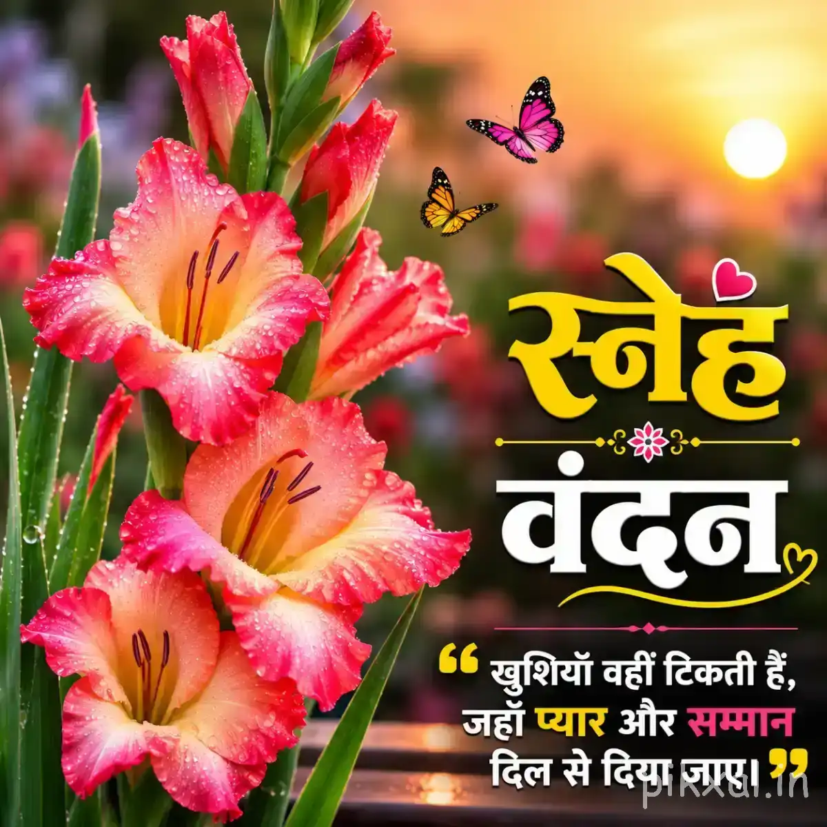 Several pink and orange flowers with striped petals, green leaves, butterflies, and a Hindi morning wish