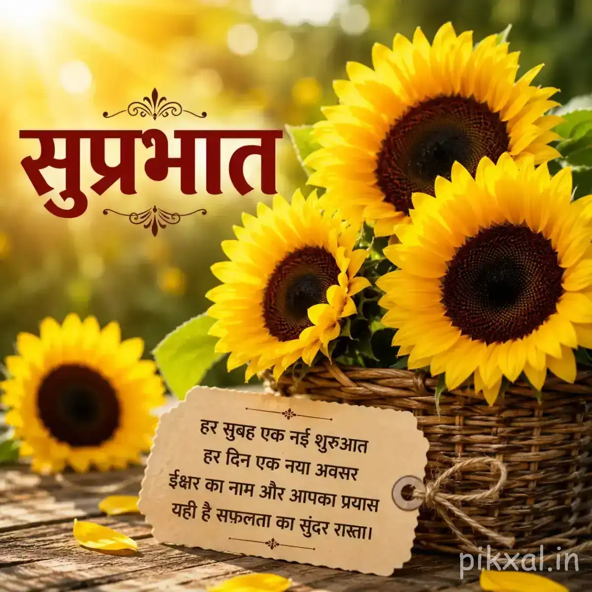 Several yellow flowers with large dark centers and green leaves against bright golden light with a Hindi morning message