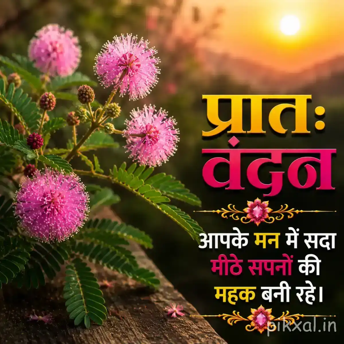 Several round pink flowers on leafy stems against a glowing sunrise background with a Hindi morning greeting