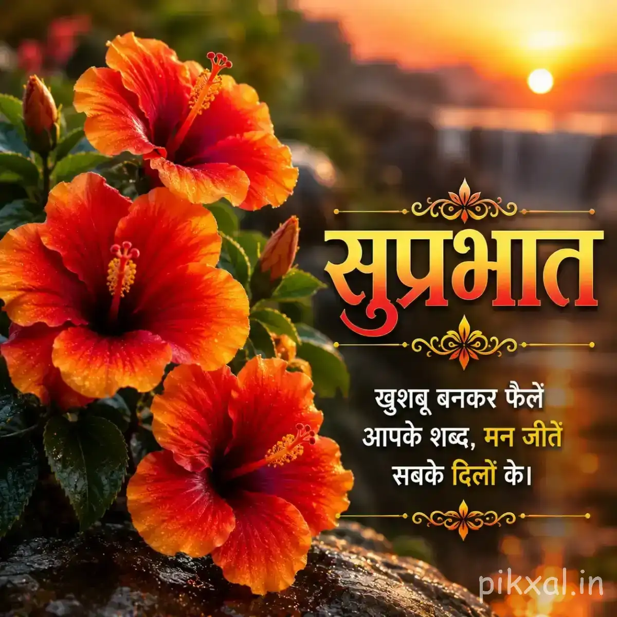 Cluster of orange-red flowers with broad petals and dark centers against a warm sunrise with a Hindi Good Morning wish