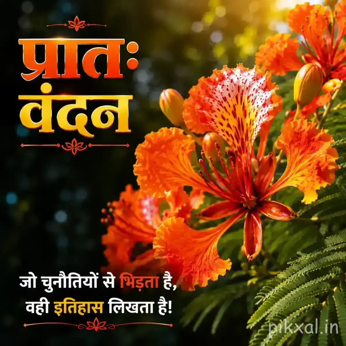 Cluster of orange flowers with layered petals and green foliage against warm sunlight with a Hindi morning greeting