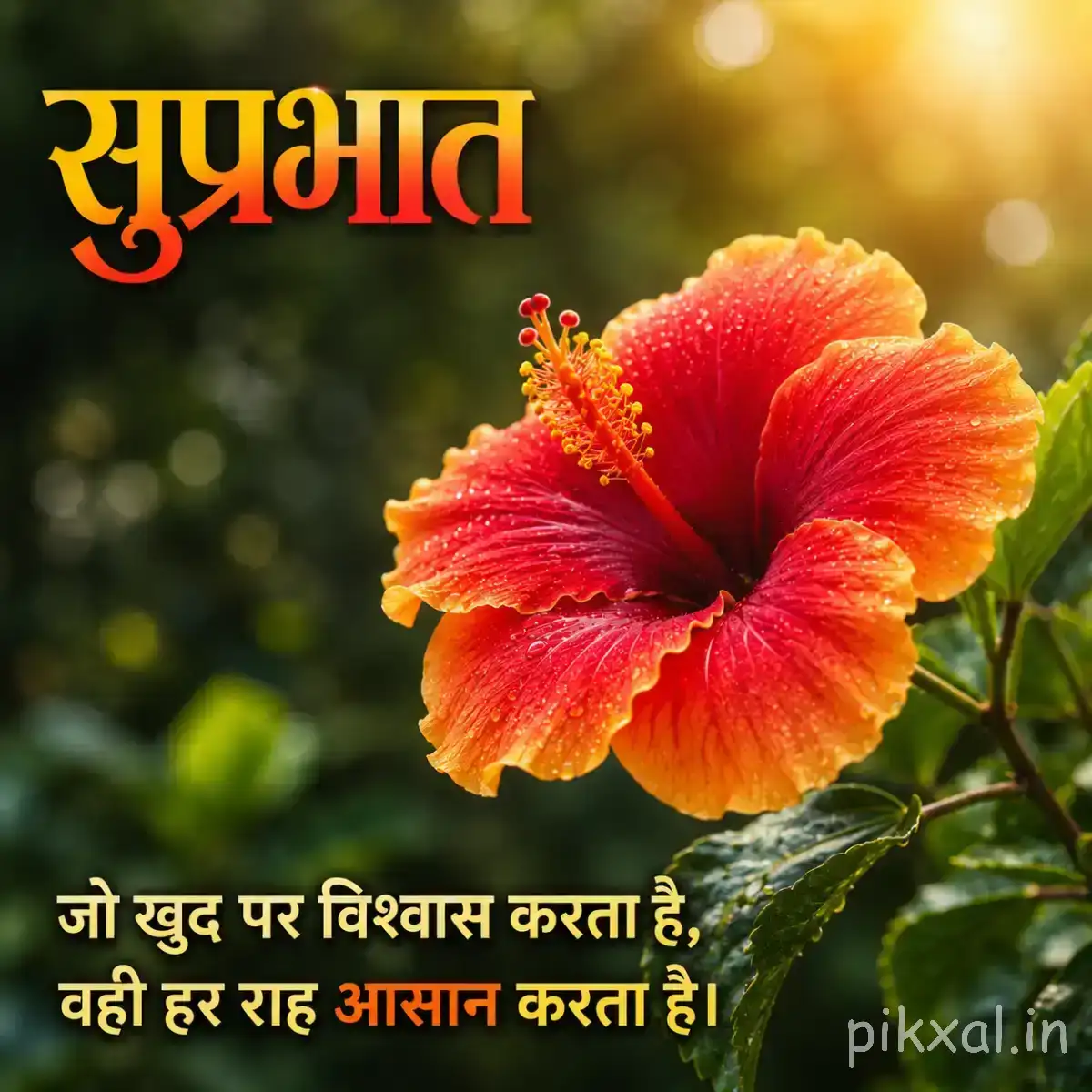 Single orange-red flower with wide-open layered petals and green leaves against warm blurred greenery with a Hindi Good Morning message