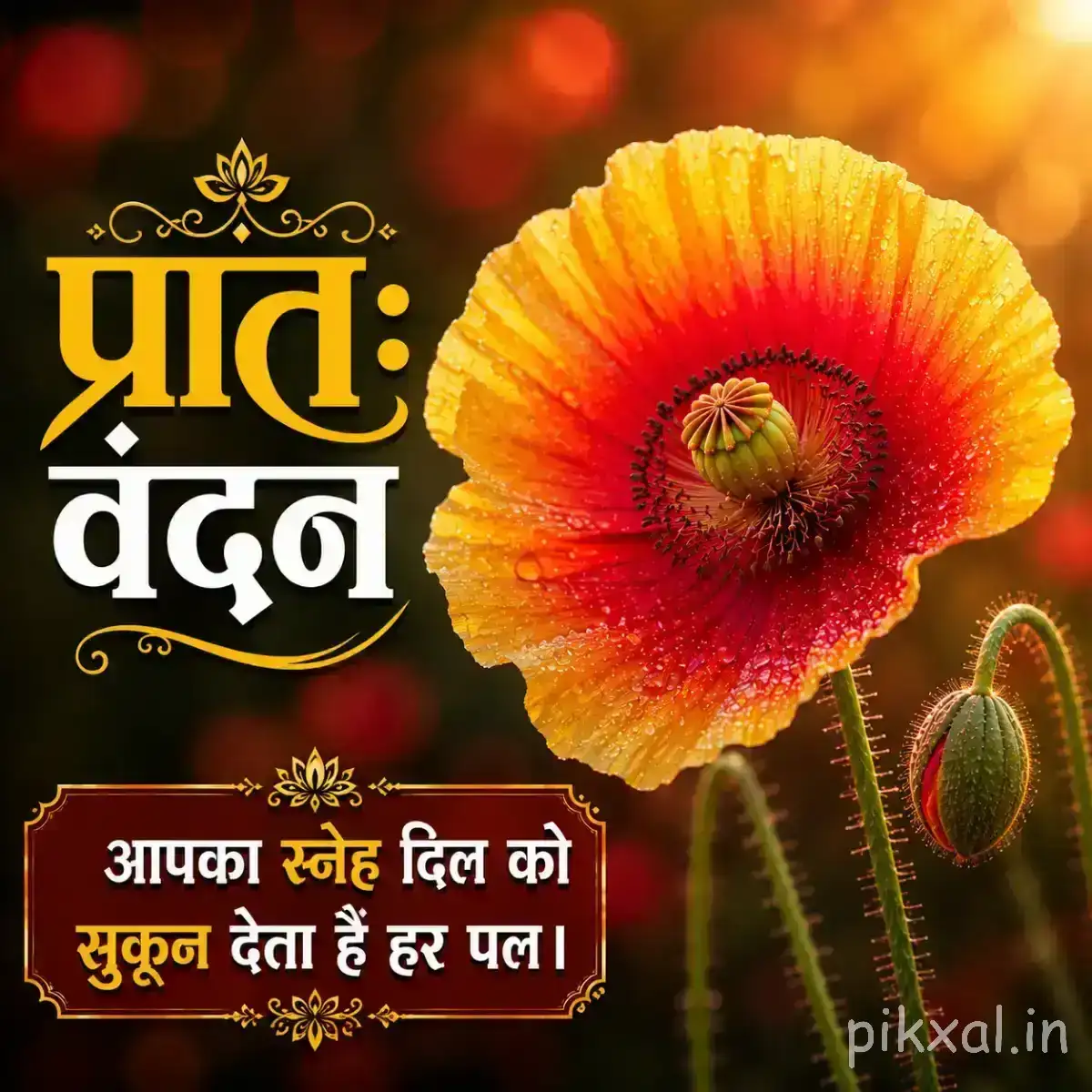 Single orange-red flower with a dark center and several unopened buds, accompanied by a Hindi morning greeting