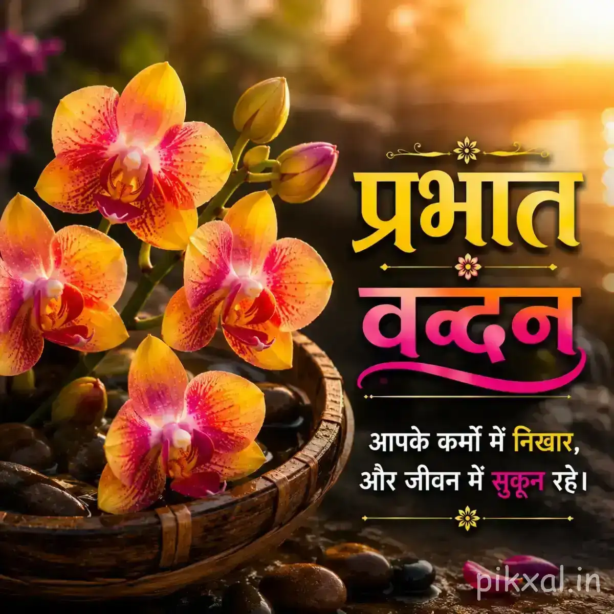 Pink and yellow flowers arranged together in a shallow wooden container with a Hindi morning wish