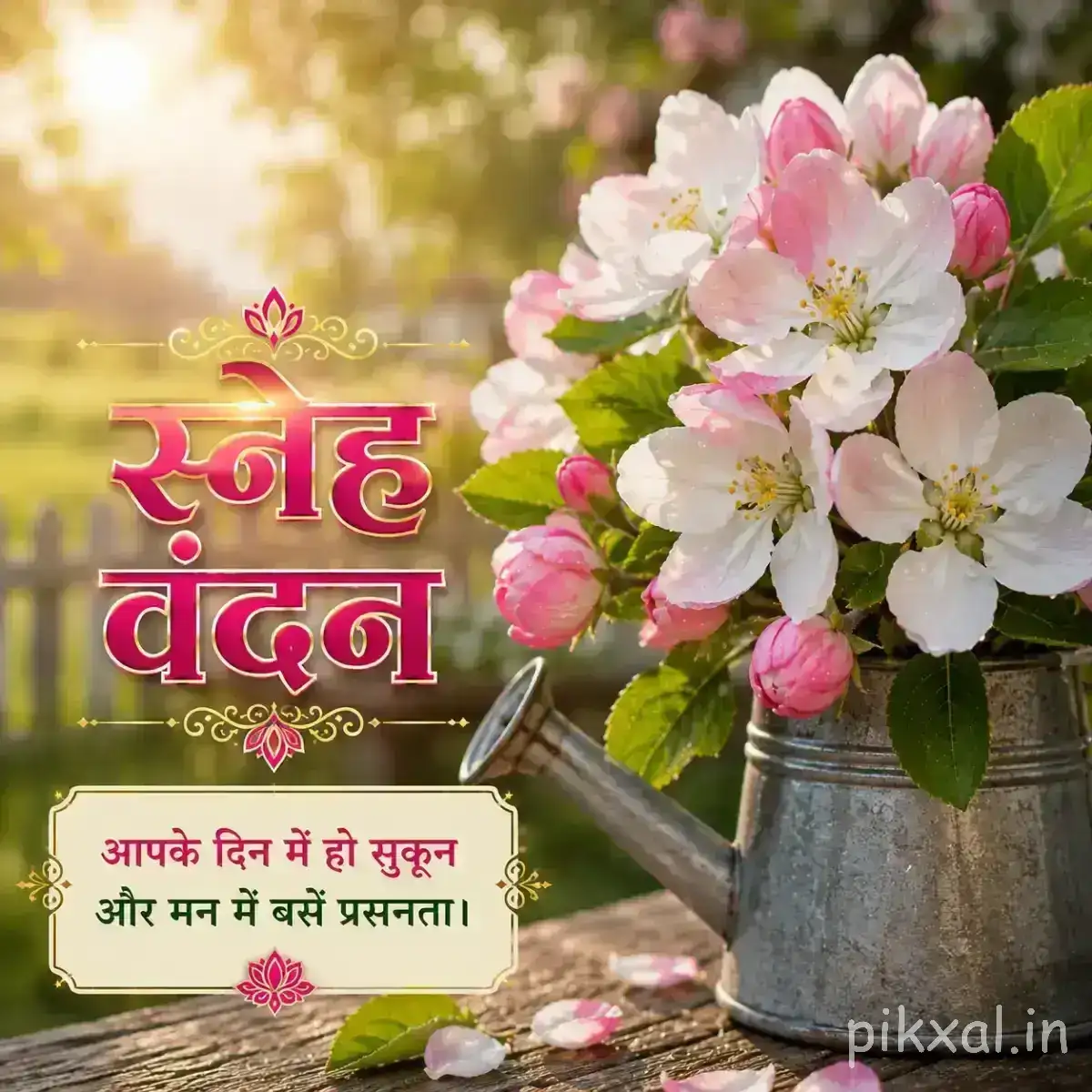 Cluster of white and pale pink flowers with green leaves and a Hindi morning wish