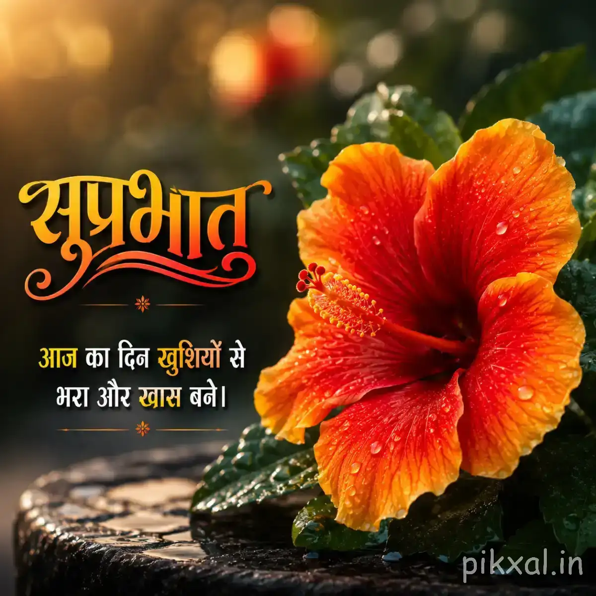 Single orange-red flower with broad petals, a dark center, and green leaves against blurred greenery