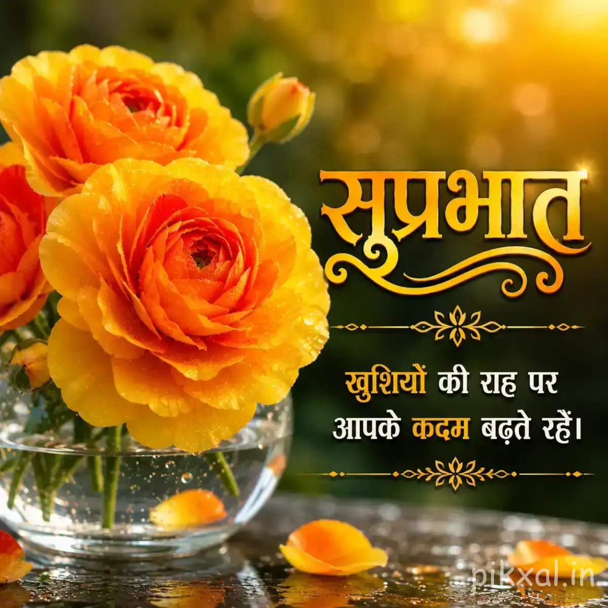 Several orange flowers arranged in a glass bowl with green leaves and a Hindi Good Morning wish