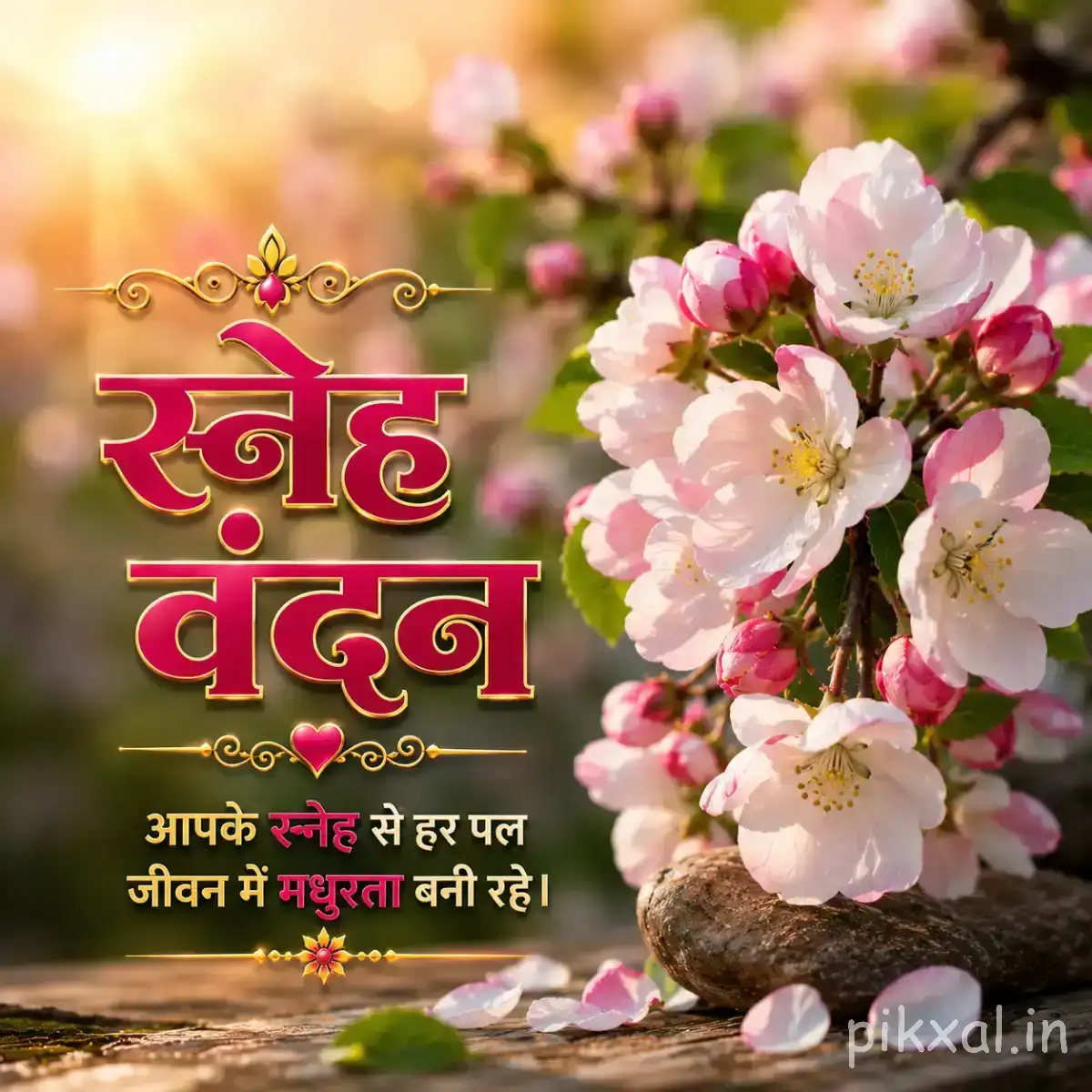 Cluster of pale pink and white flowers with green leaves and a Hindi morning greeting