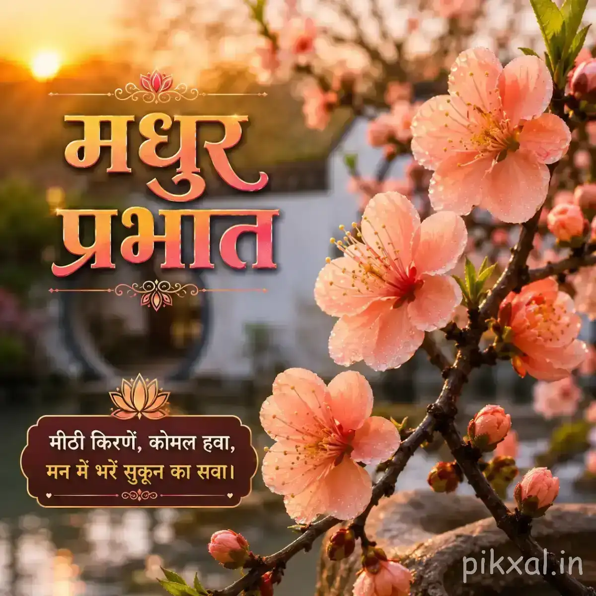 Peach-pink flowers blooming along leafy branches with a Hindi morning greeting and softly blurred background