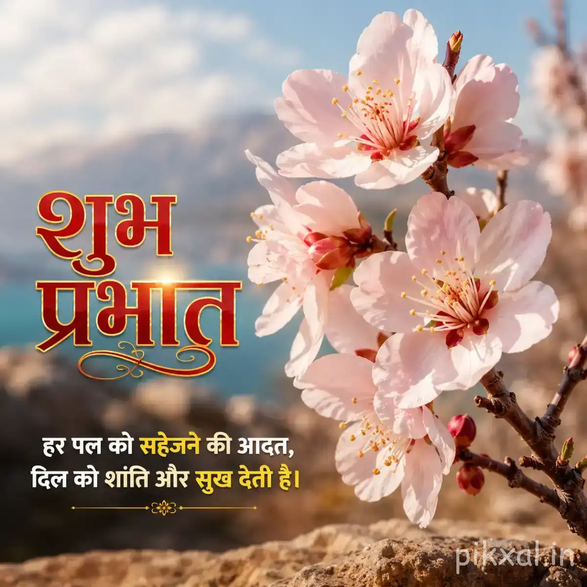 Several pale pink flowers with dark centers and green leaves against a bright cloudy sky with a Hindi Good Morning wish