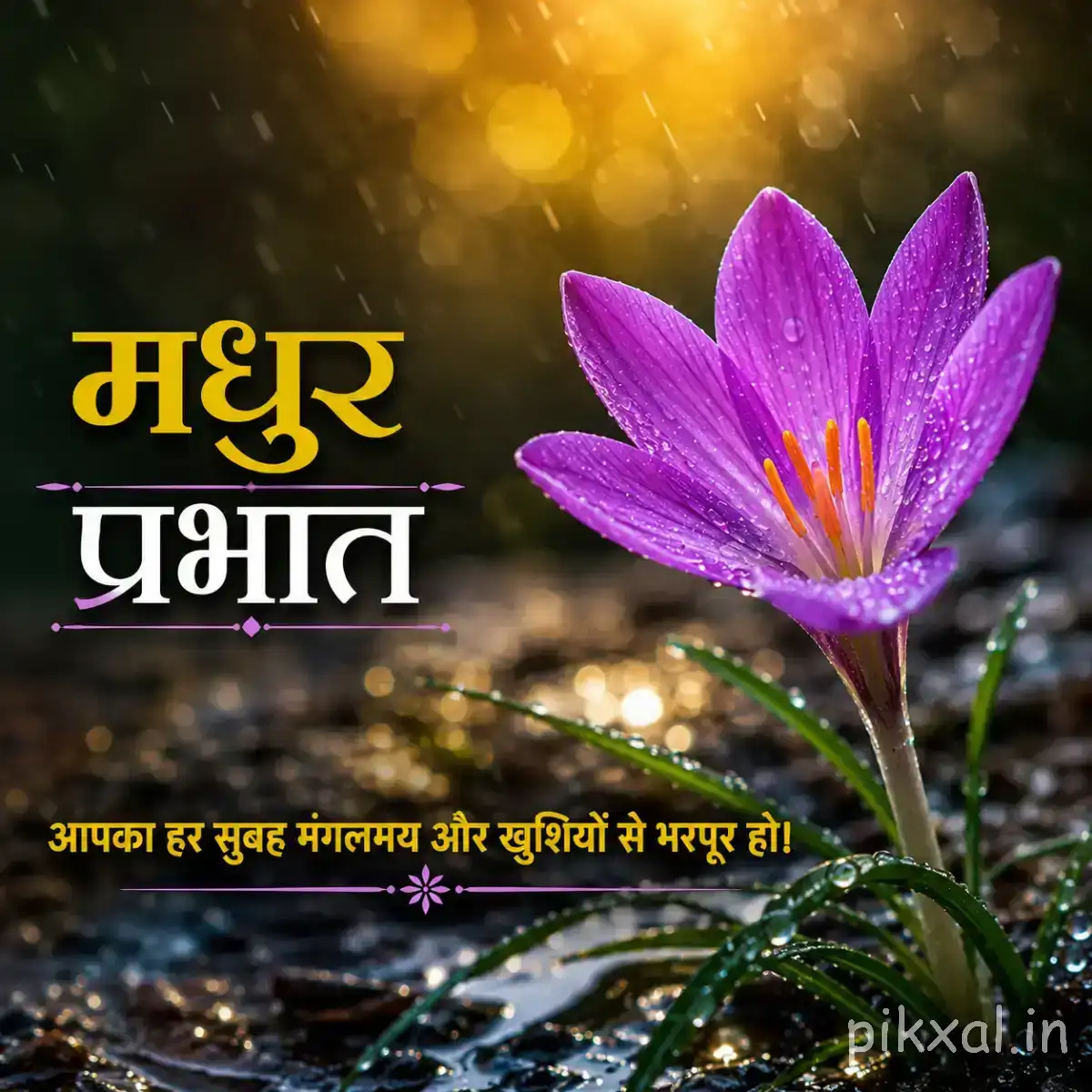 Single purple flower with six broad petals and a slender green stem against blurred greenery