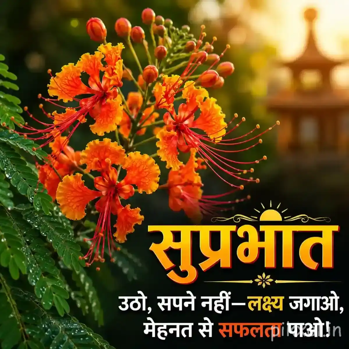 Cluster of orange-red flowers with numerous unopened buds and green leaves against a softly blurred garden background