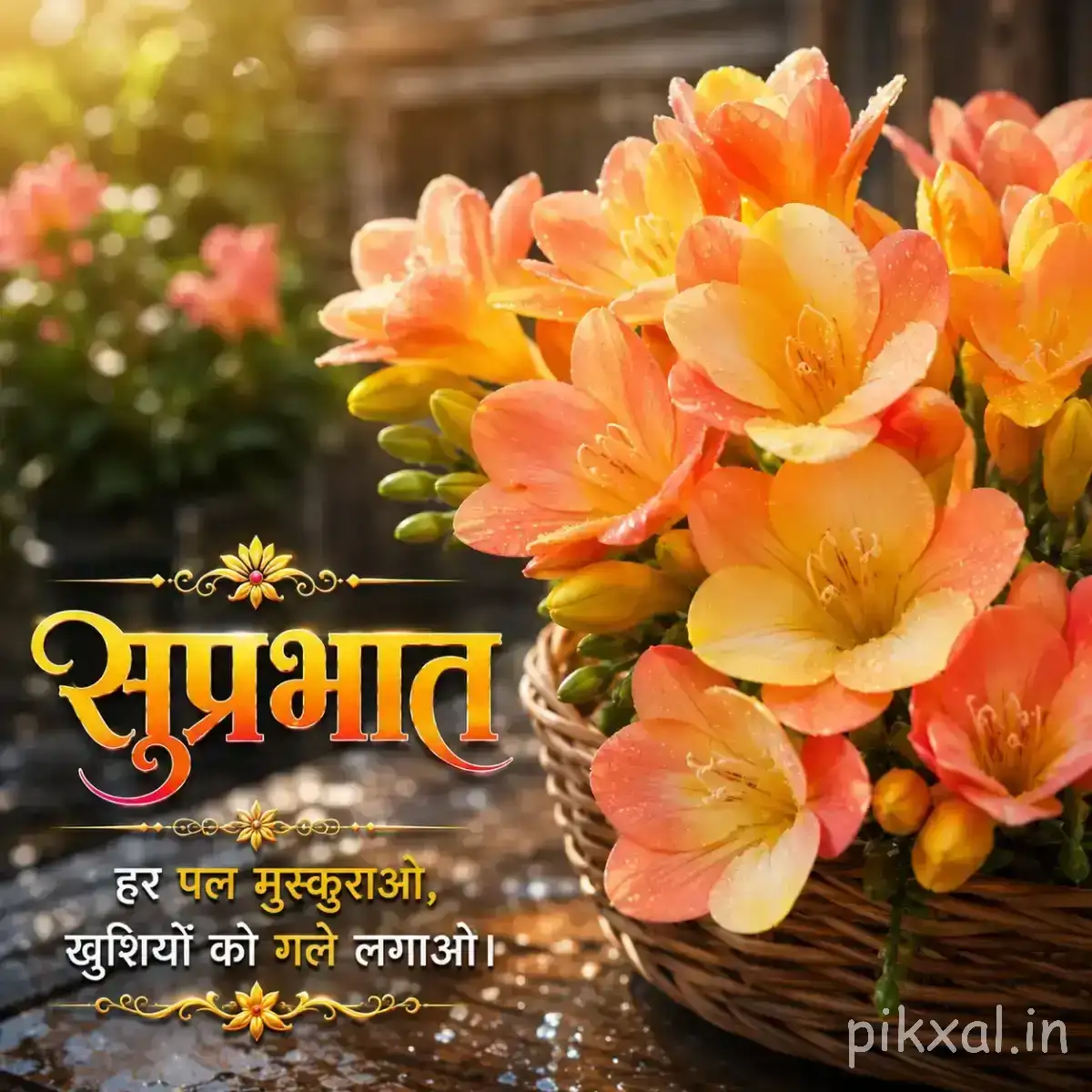 Cluster of peach and orange flowers with layered petals and green foliage, accompanied by a Hindi Good Morning wish