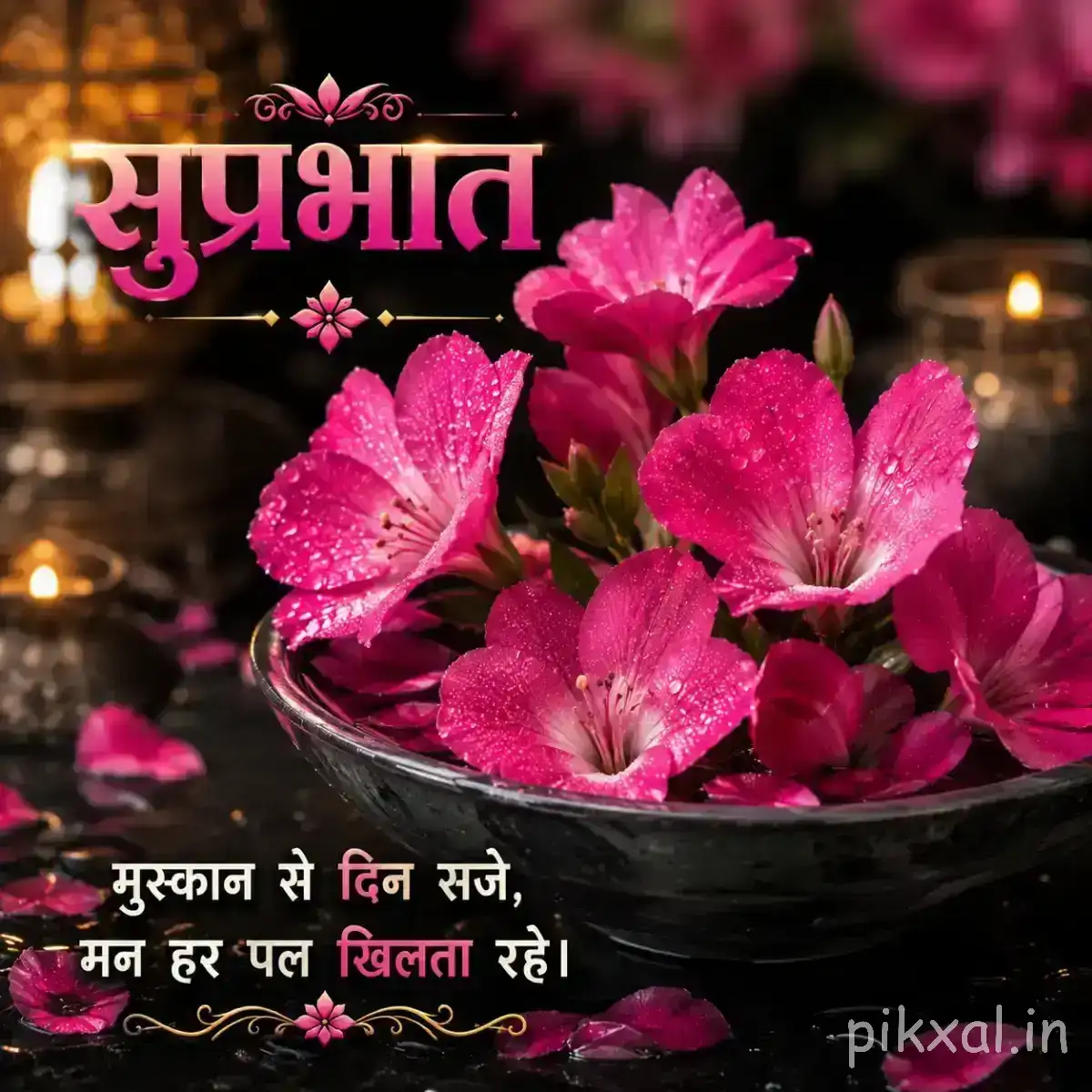 Several bright pink flowers arranged in a dark bowl with a Hindi Good Morning greeting
