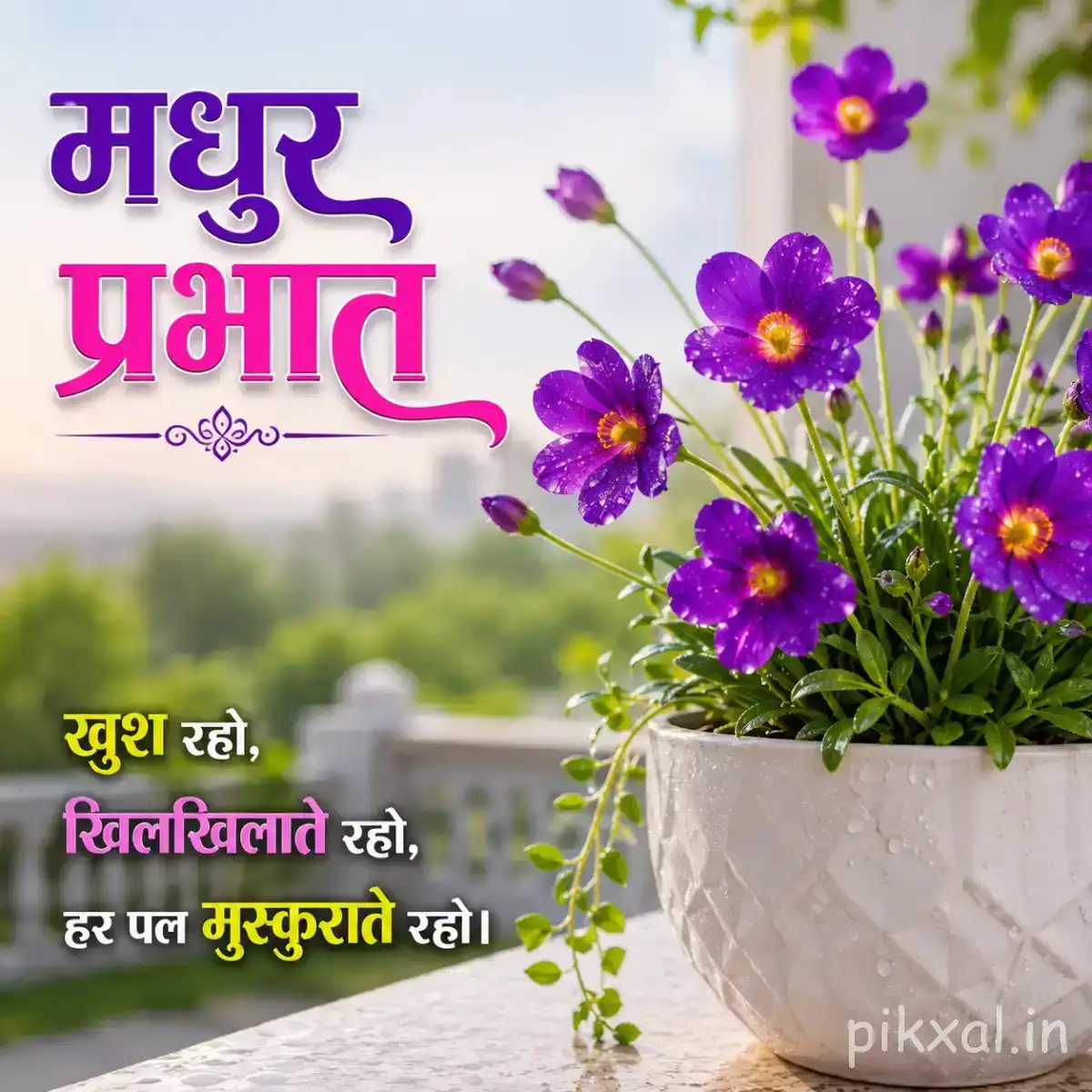 Small purple flowers with yellow centers in a white pot against a softly blurred green landscape