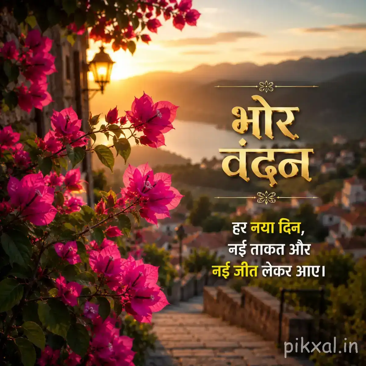 Pink flowering branches framing a warm sunrise with a Hindi morning greeting