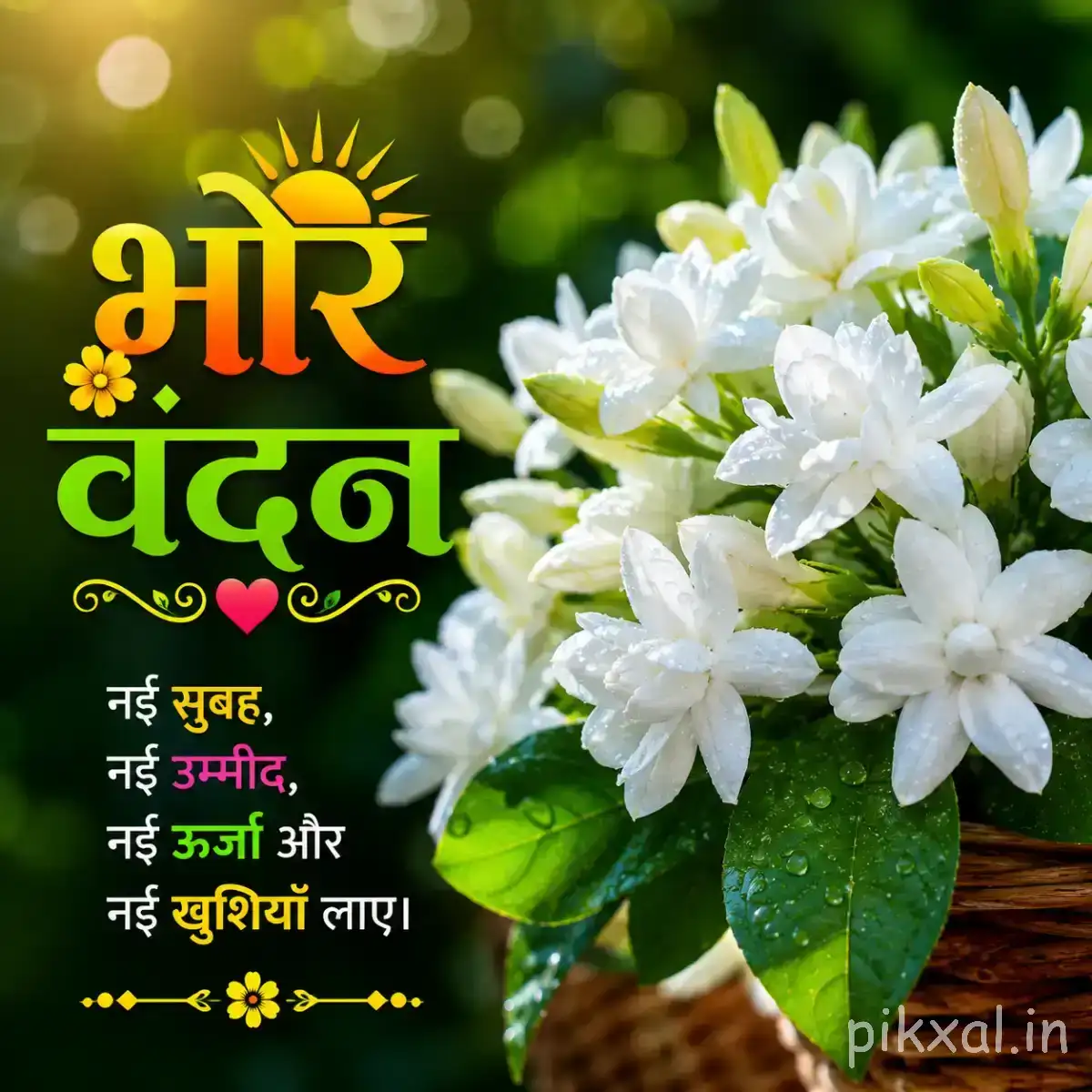 Cluster of small white flowers with yellow centers and glossy green leaves against a dark blurred background with Hindi morning text