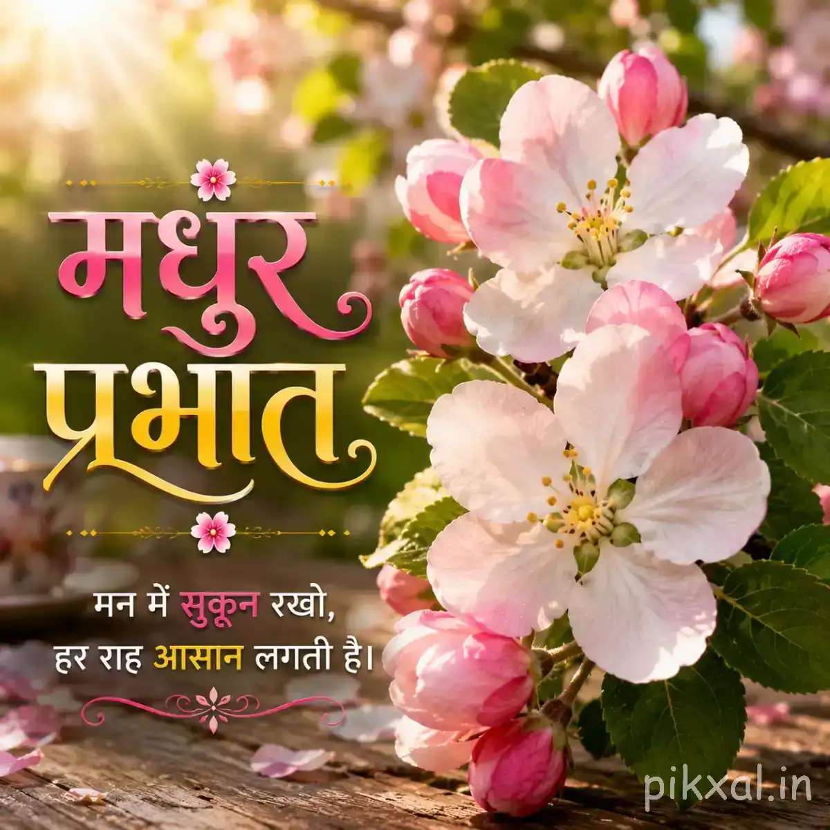 Cluster of white and pale pink flowers with green leaves against a softly blurred garden background and Hindi morning greeting