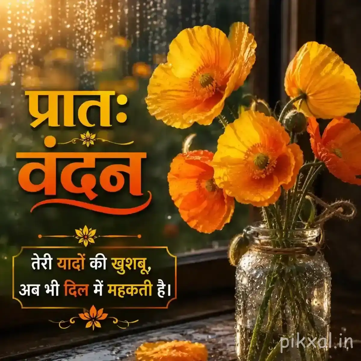 Several orange flowers with open petals arranged in a clear glass vase with a Hindi morning greeting