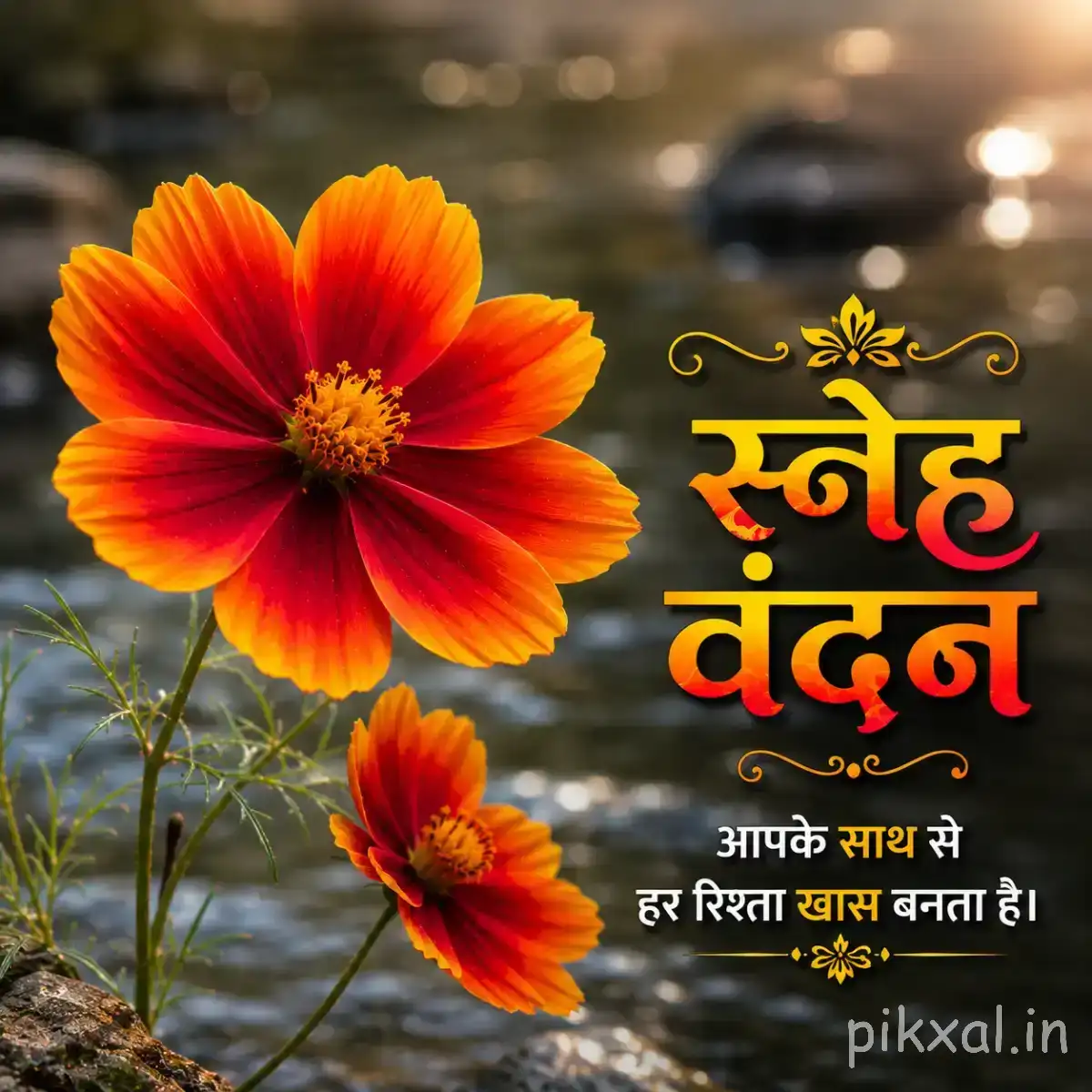 Two orange-red flowers with dark centers and rounded petals against blurred greenery with a Hindi Good Morning greeting