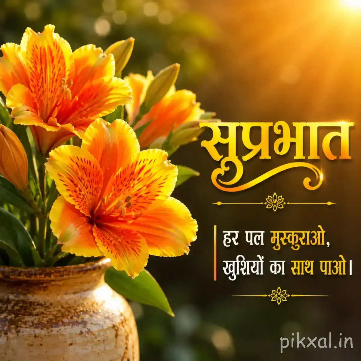 Several orange flowers with layered petals arranged in a small pot against warm golden light with a Hindi morning wish