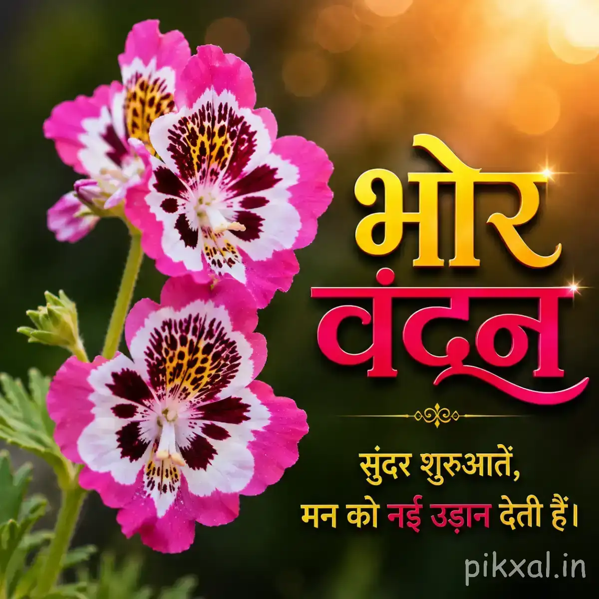 Two bright pink flowers with white and dark patterned centers against a dark background with a Hindi morning greeting