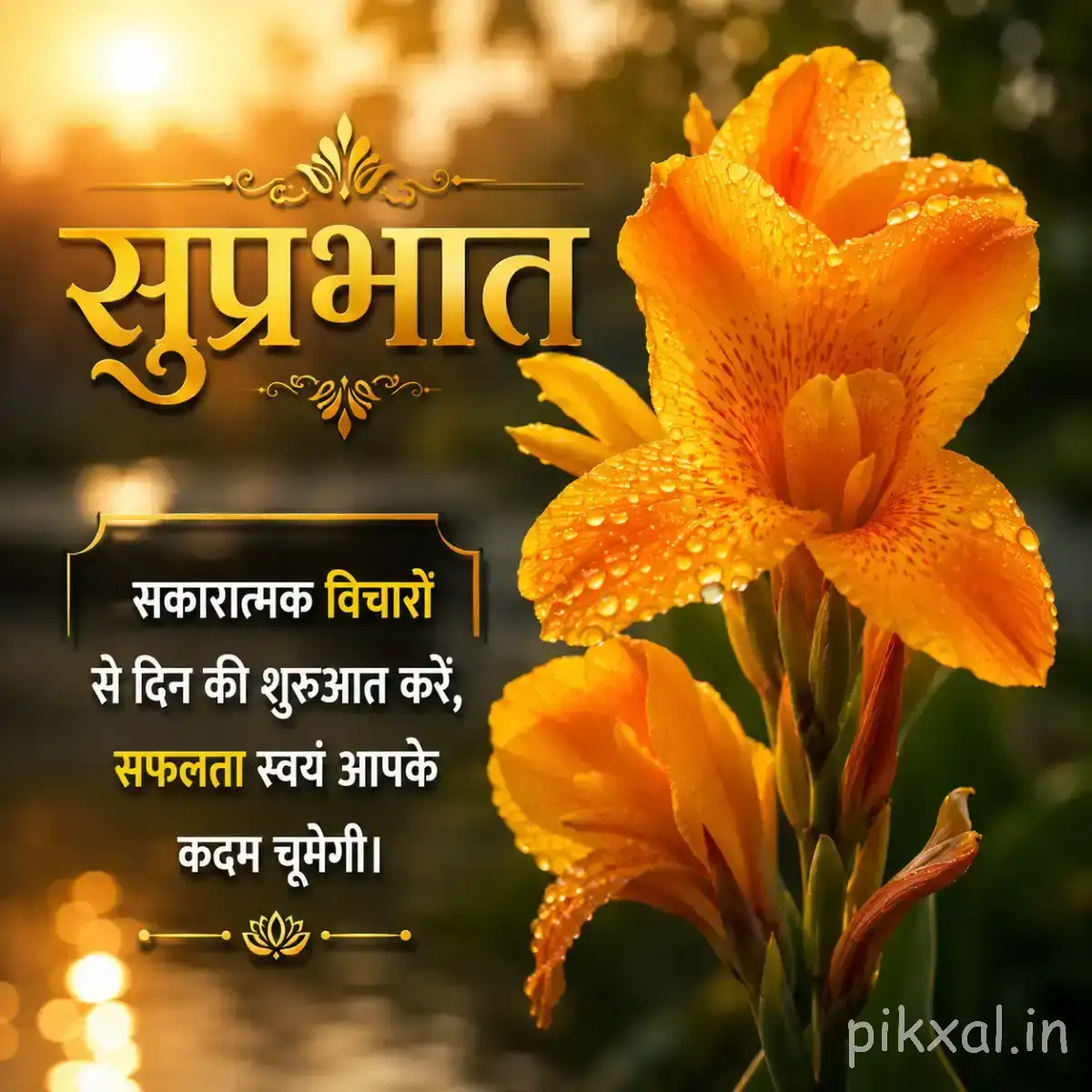 Several orange trumpet-shaped flowers with elongated petals and green leaves against warm golden light with a Hindi Good Morning message