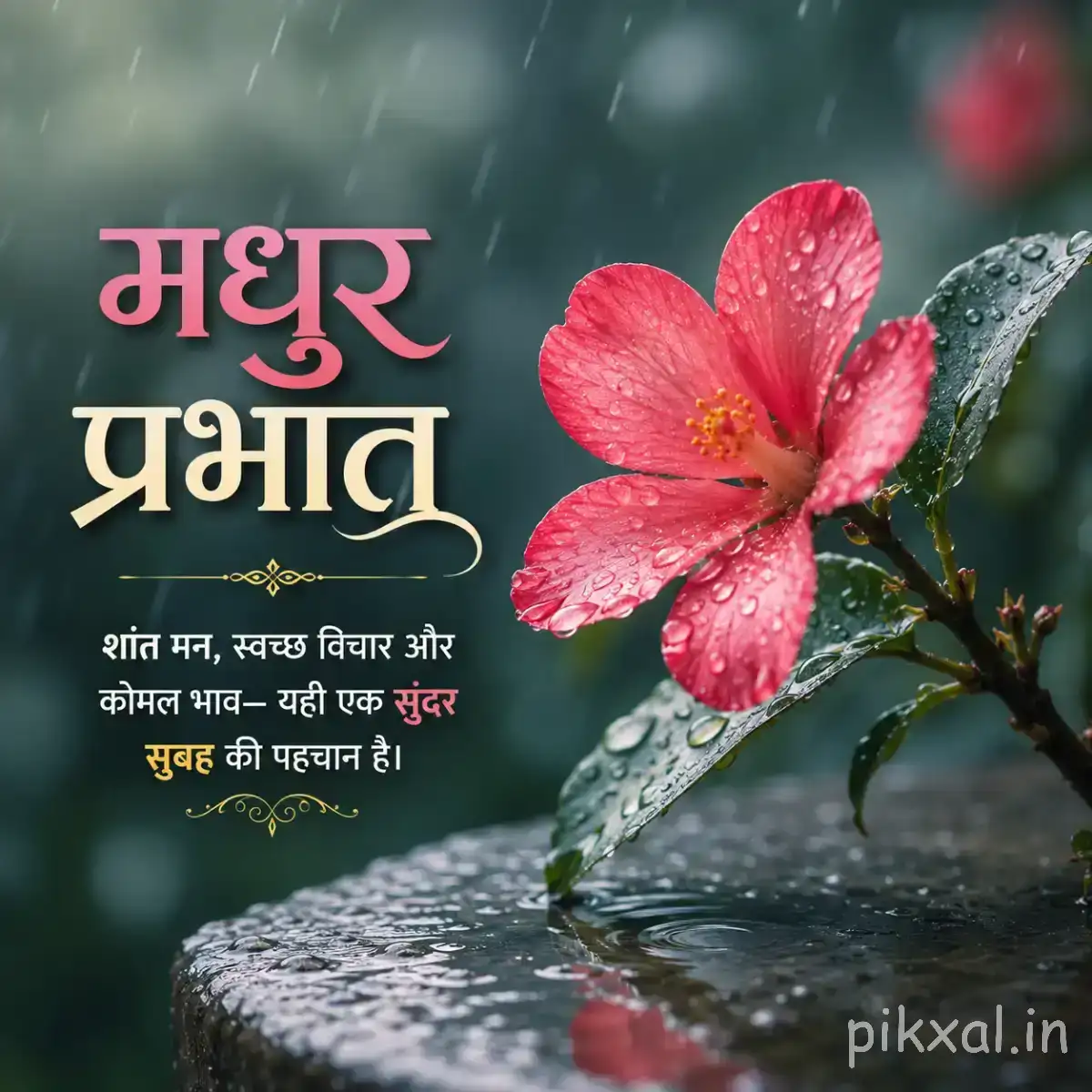 Single pink flower with five broad petals resting beside wet dark rocks and green foliage with a Hindi morning wish