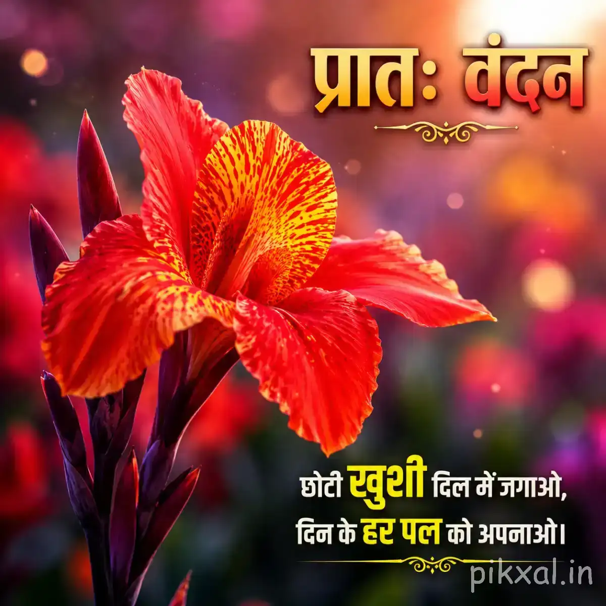 Bright red-orange flower with long pointed petals and a dark center against a softly blurred background with a Hindi morning greeting