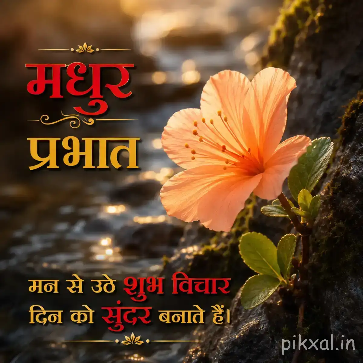 Single pale peach flower with five broad petals and green leaves against a dark blurred background with a Hindi Good Morning message