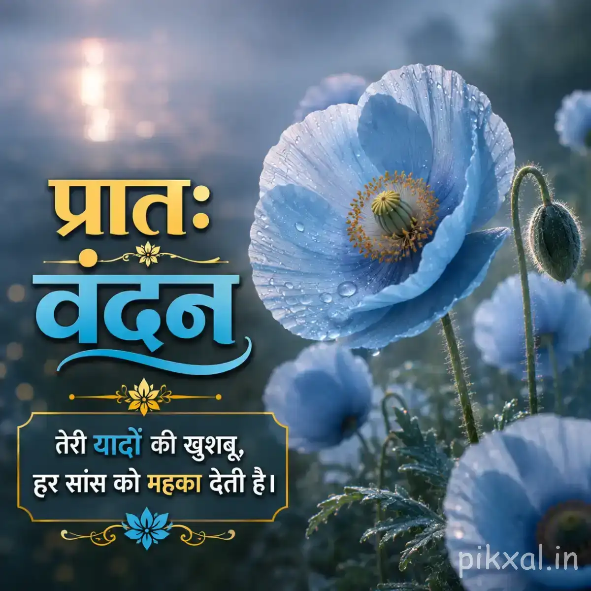 Single pale blue flower with delicate broad petals and a dark center beside a curved bud against a cloudy background