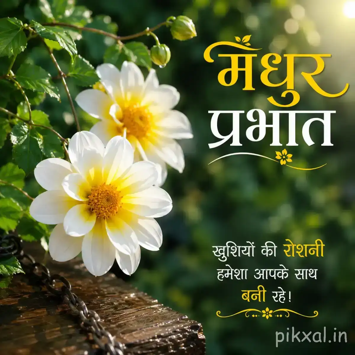 Several white flowers with yellow centers and green leaves against softly blurred greenery with a Hindi Good Morning wish