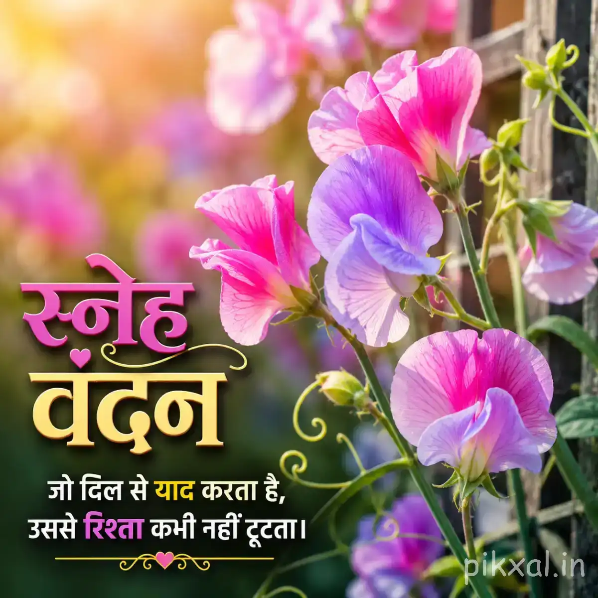 Pink, purple, and white flowers hanging from leafy stems with a Hindi morning greeting
