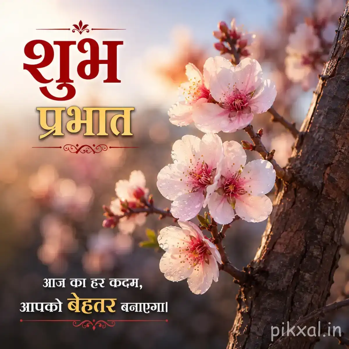 White and pale pink blossoms growing along a dark tree branch with a Hindi Good Morning wish