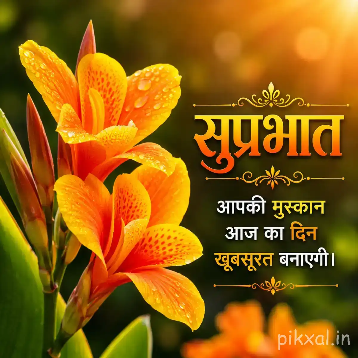 Several bright orange flowers with pointed petals and green leaves against warm blurred sunlight with a Hindi morning greeting