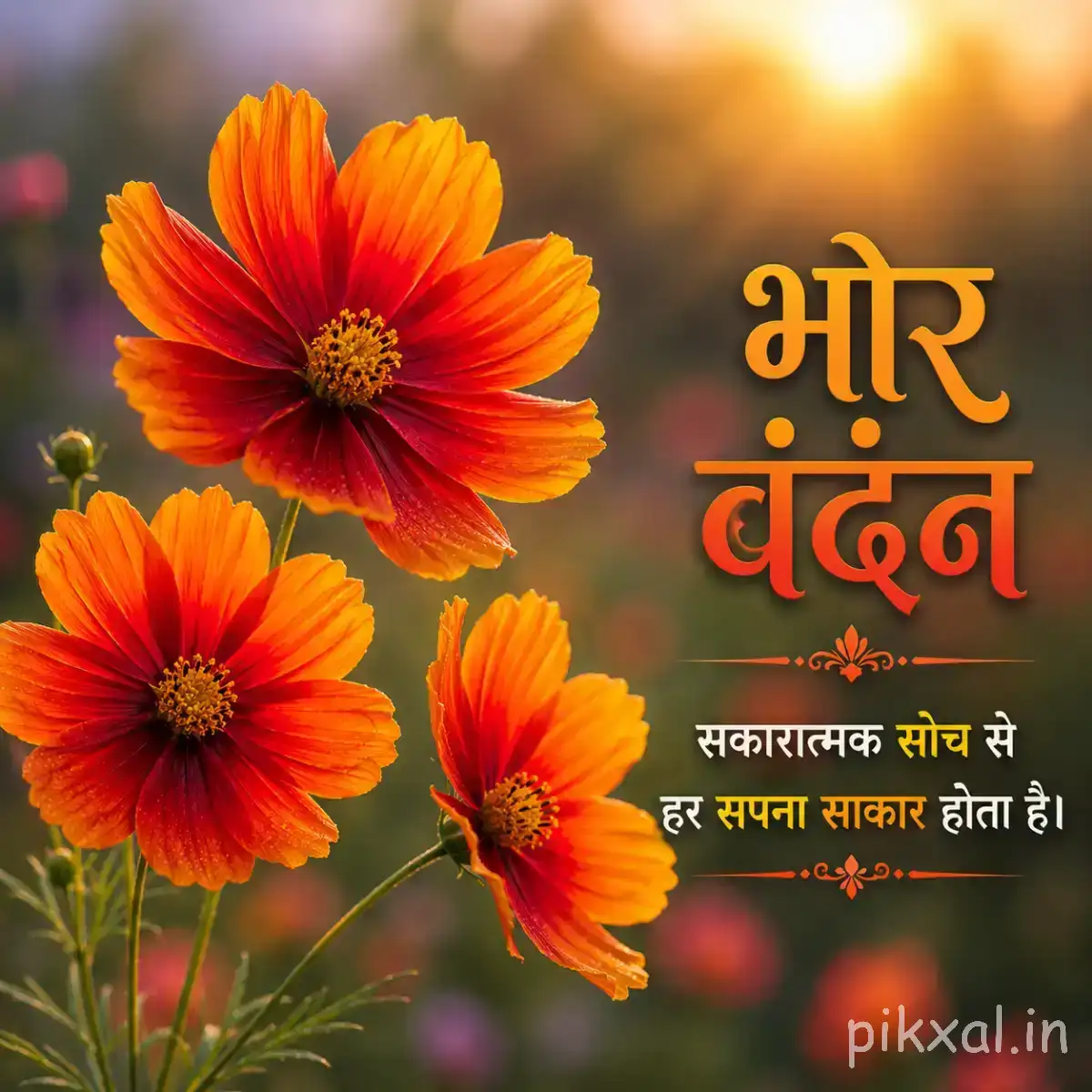 Three bright red-orange flowers with dark centers and green foliage against a warm blurred garden background