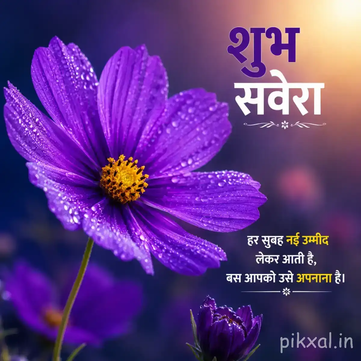 Single purple flower with broad petals and a yellow center against a dark background with a Hindi morning message
