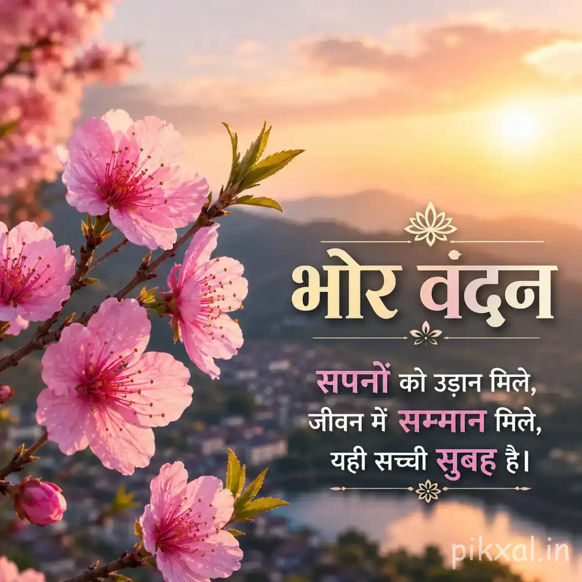 Several pale pink blossoms on leafy branches against a glowing sunrise sky with a Hindi morning wish