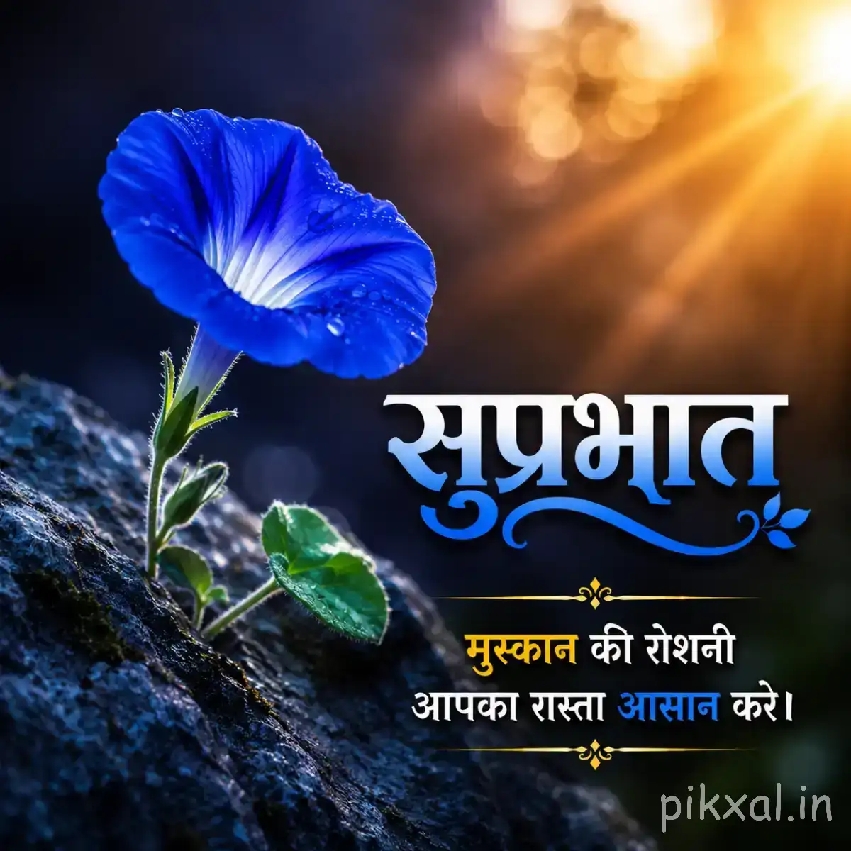 Single vivid blue flower with a dark center growing beside rocks and green leaves with a Hindi Good Morning greeting