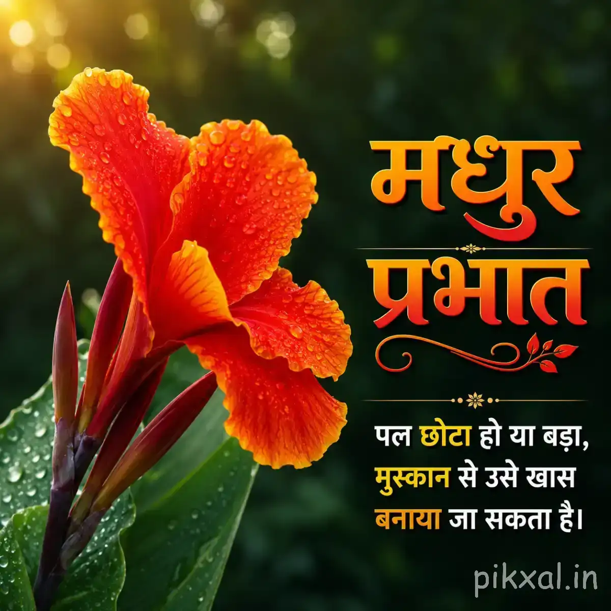 Bright orange-red flower with pointed petals and green leaves against a dark blurred background with a Hindi morning message