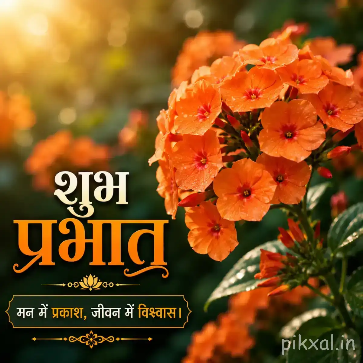 Cluster of small orange flowers with rounded petals and green foliage against warm blurred sunlight with a Hindi Good Morning wish