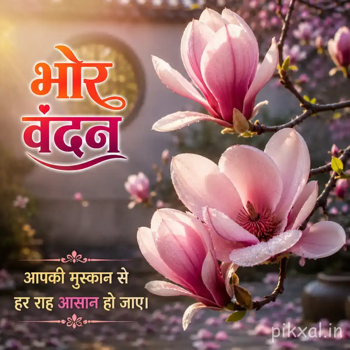 Several pale pink flowers with broad overlapping petals on a dark branch against a softly blurred background with a Hindi morning wish