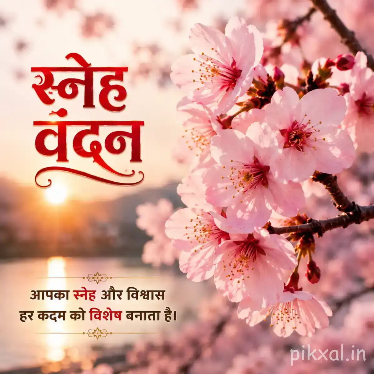 Cluster of pale pink blossoms on a dark flowering branch with a Hindi morning greeting