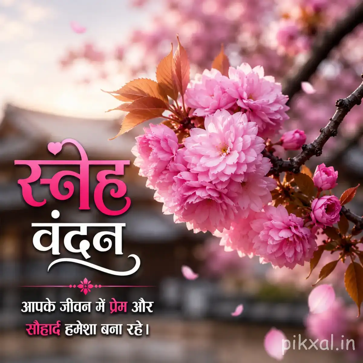 Dense cluster of pink blossoms on a dark branch against a softly blurred background with a Hindi morning message
