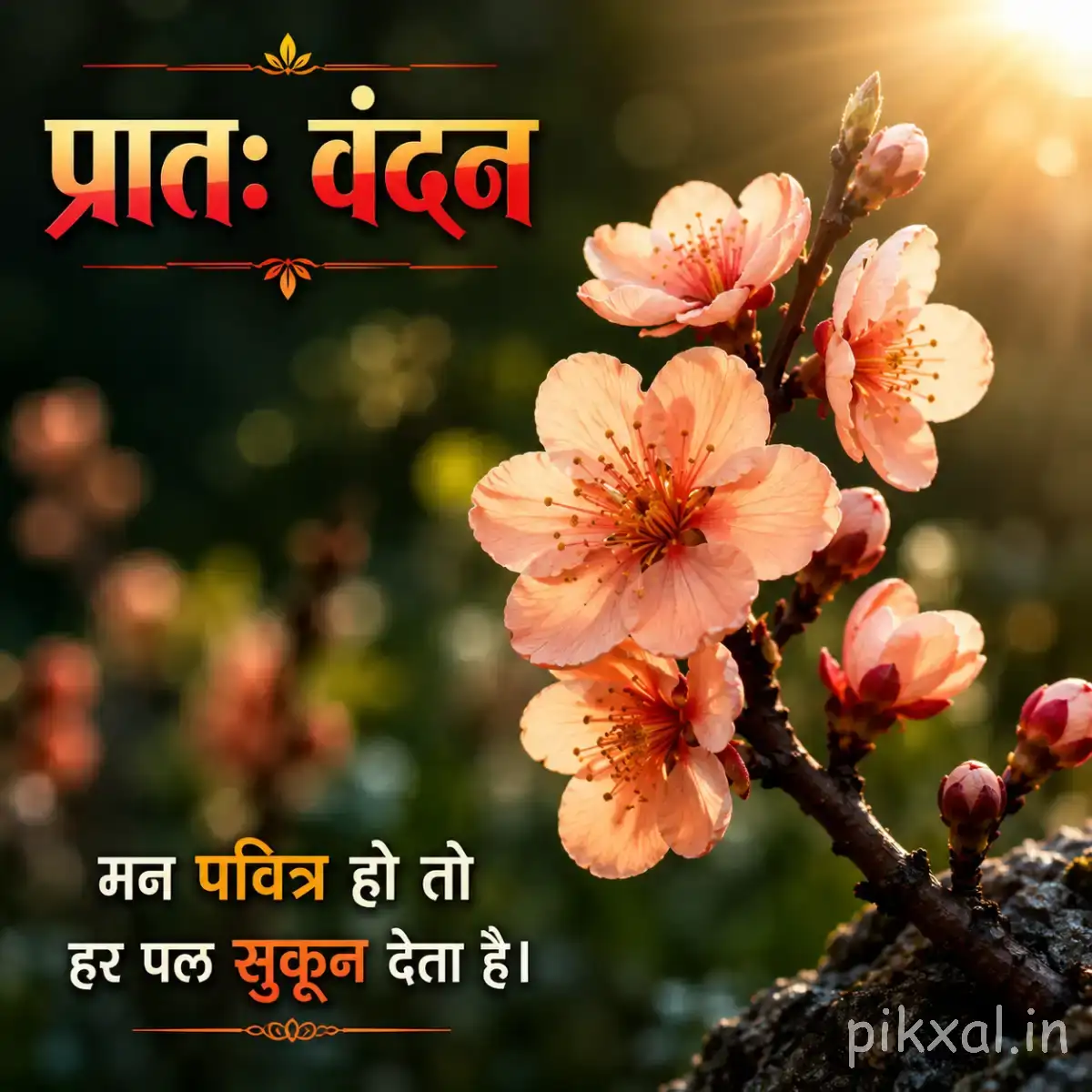 Several peach and orange blossoms along a dark branch with green leaves against blurred greenery and a Hindi morning wish