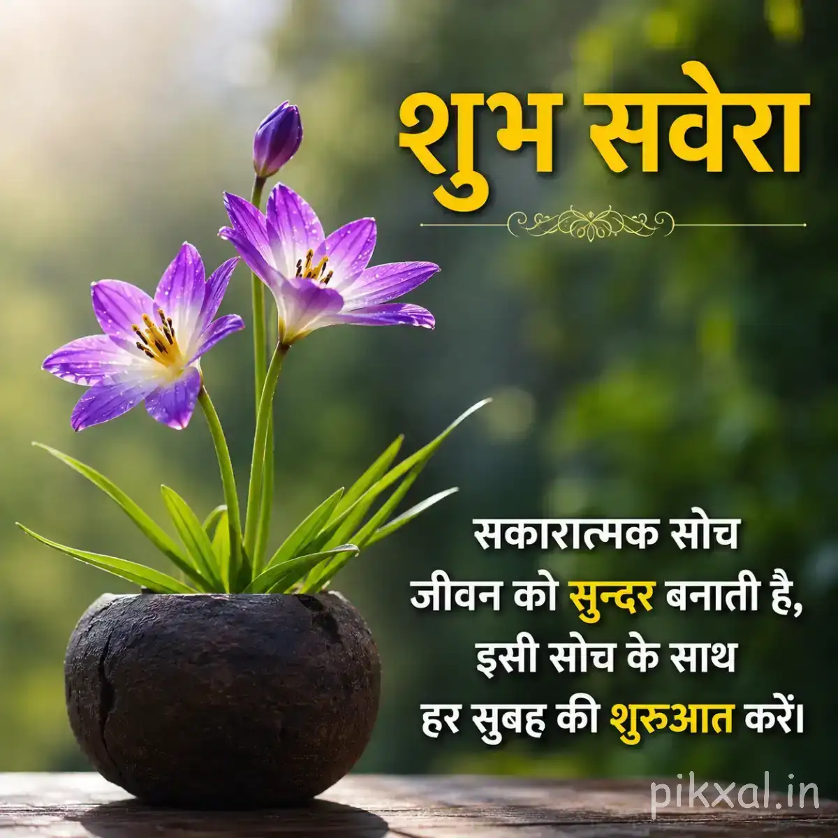 Several small purple flowers with narrow petals growing from long green leaves beside a dark stone with a Hindi morning wish