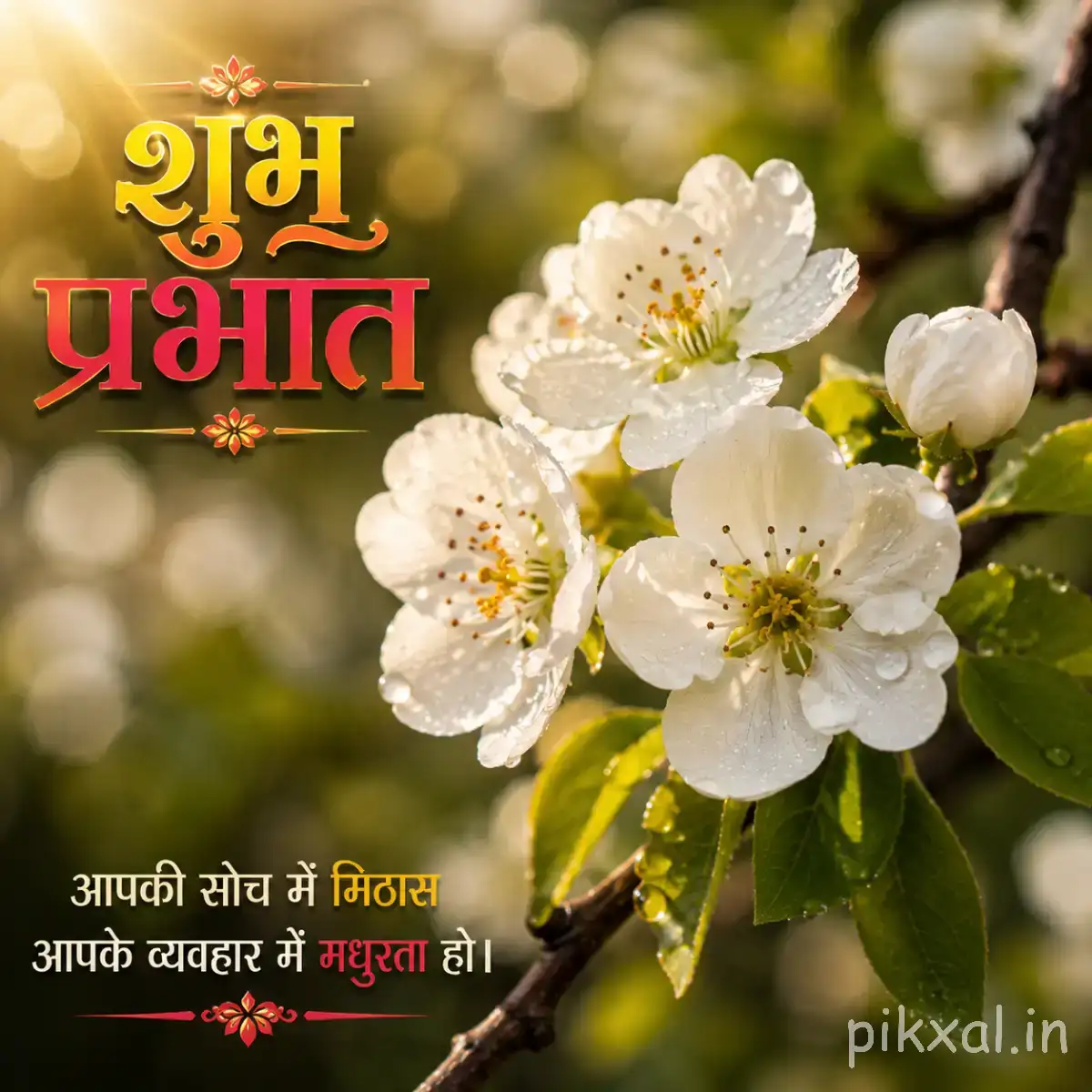 Several white blossoms with yellow centers on a leafy branch against warm blurred greenery with a Hindi Good Morning wish