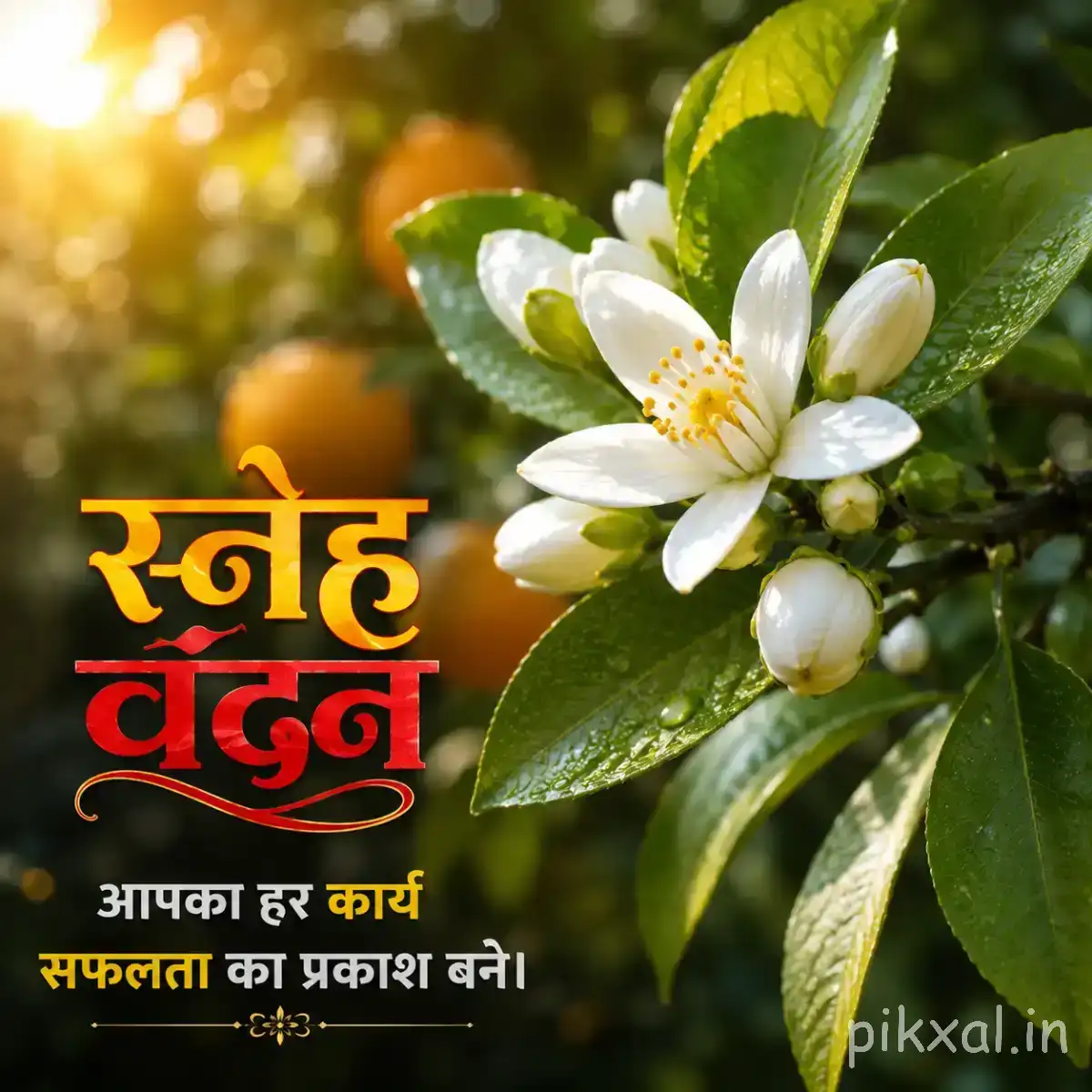 Small white flowers with yellow centers and glossy green leaves against warm golden bokeh with a Hindi morning greeting